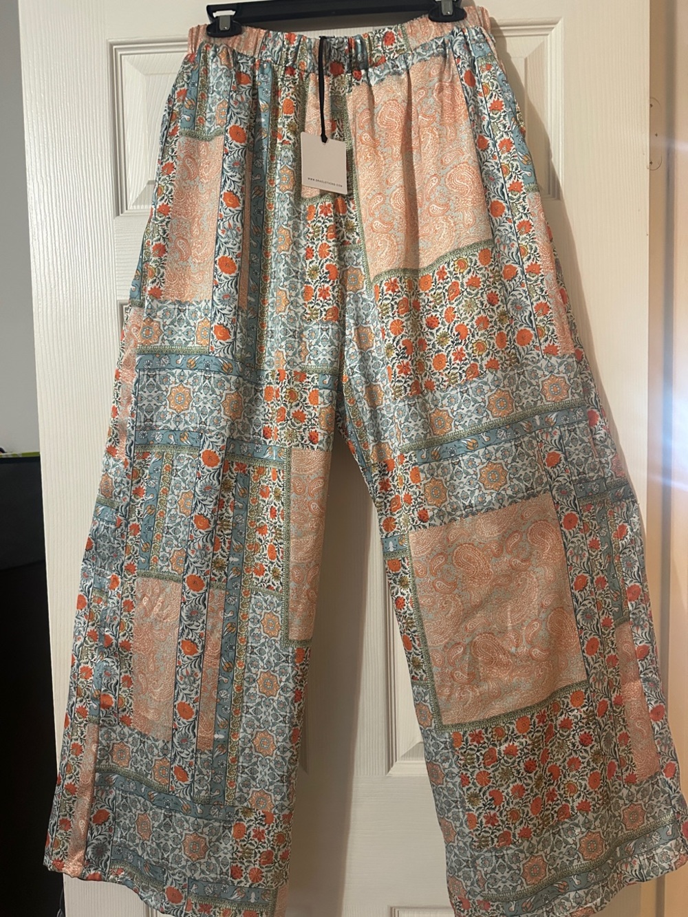 Wide Leg Patchwork Print Pants in Peach & Teal